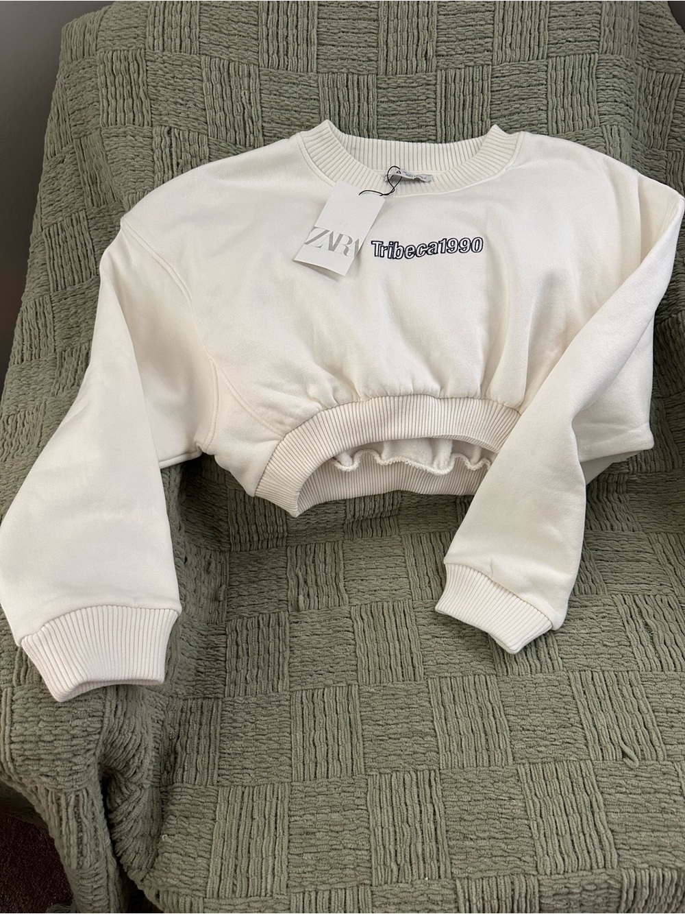 Zara White Cropped Sweatshirt with Tribeca1990 Embroidery
